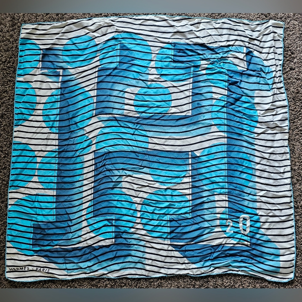 Hermès "H20" Blue Striped Silk Scarf 35x34 Made in France